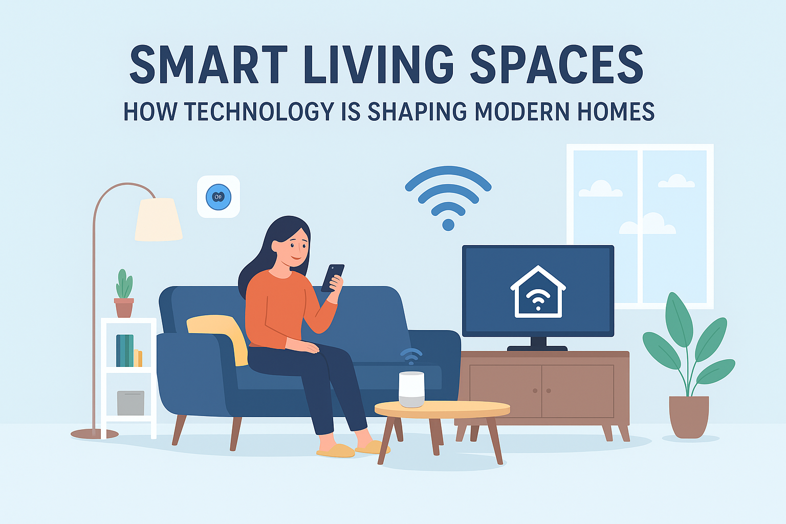 Smart living spaces by Sribha Realtech showcasing modern home technology with smart lighting, thermostat, and AI-powered devices